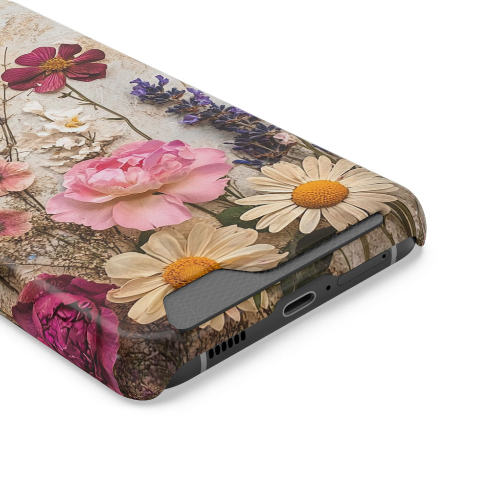 Pressed Bouquet phone case with card holder, close-up of the card slot