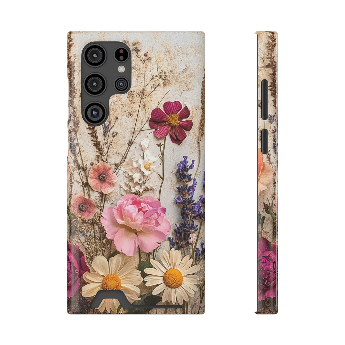 Pressed Bouquet phone case with card holder for Samsung Galaxy S22 Ultra, glossy finish