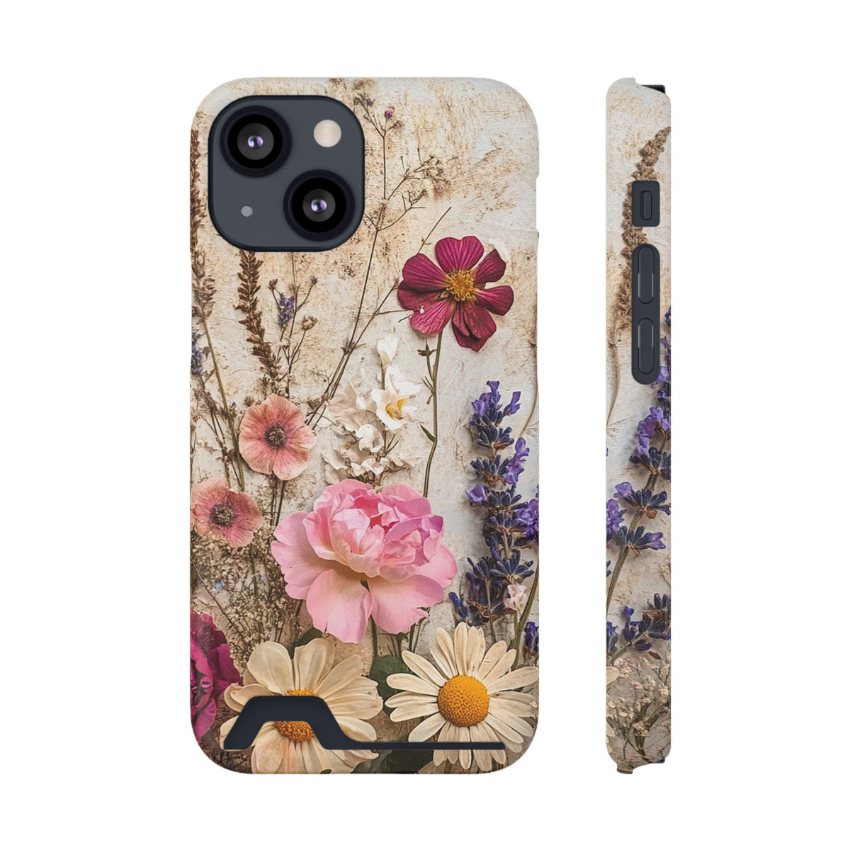 Pressed Bouquet phone case with card holder for iPhone 13 Mini, glossy finish