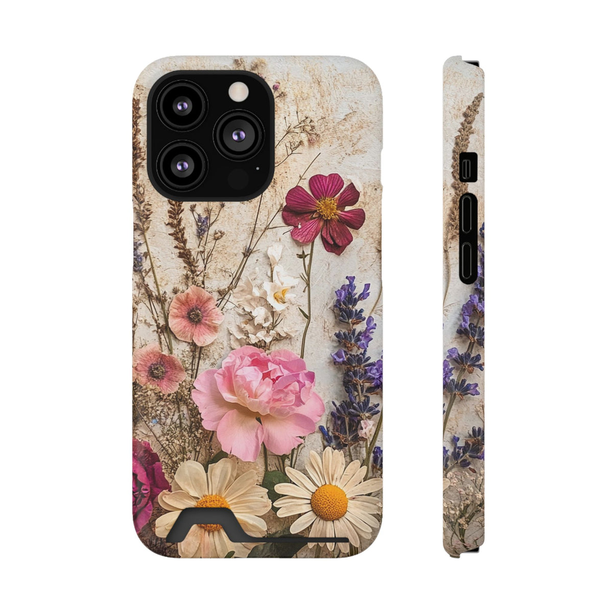 Pressed Bouquet phone case with card holder for iPhone 13 Pro, glossy finish