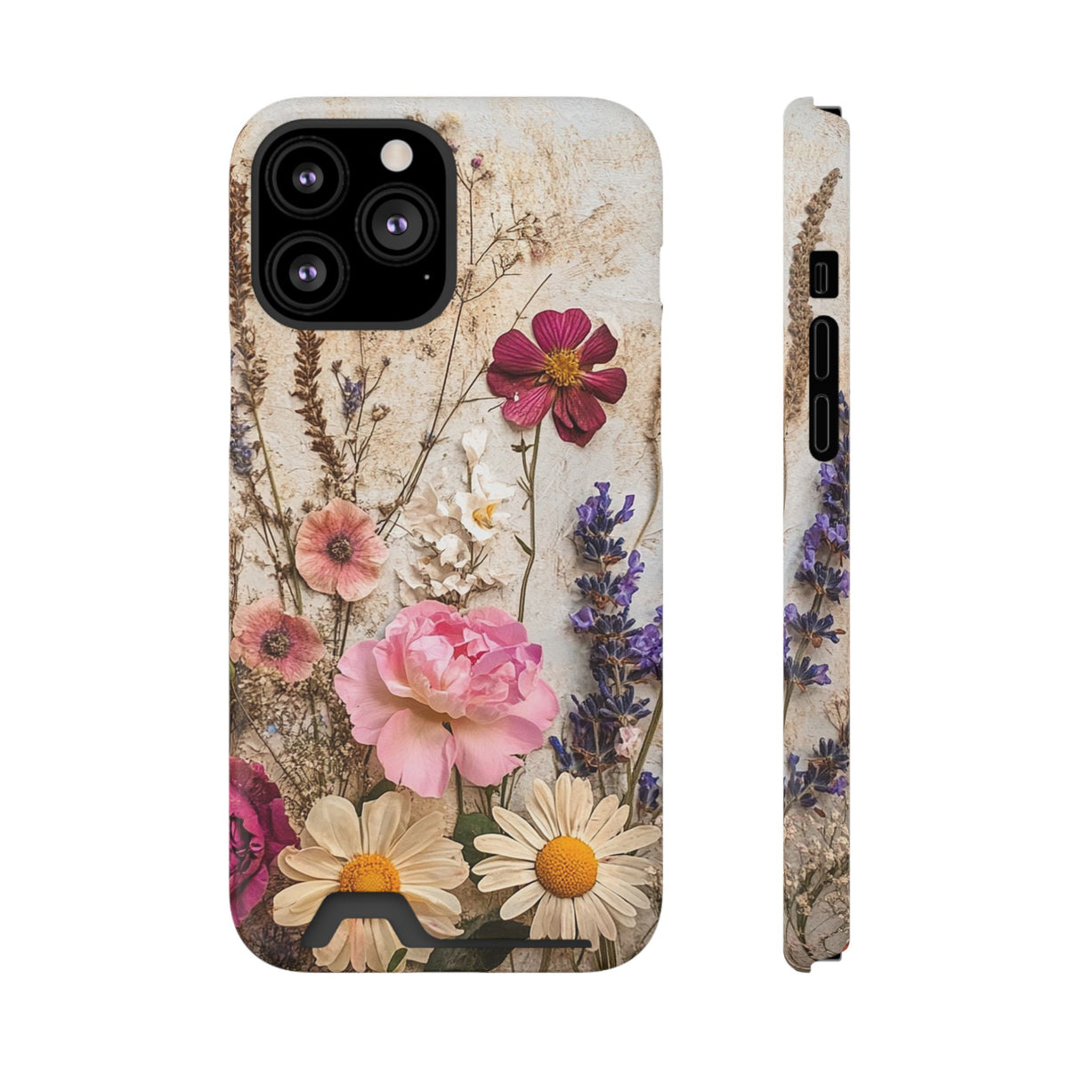 Pressed Bouquet phone case with card holder for iPhone 13 Pro Max, glossy finish
