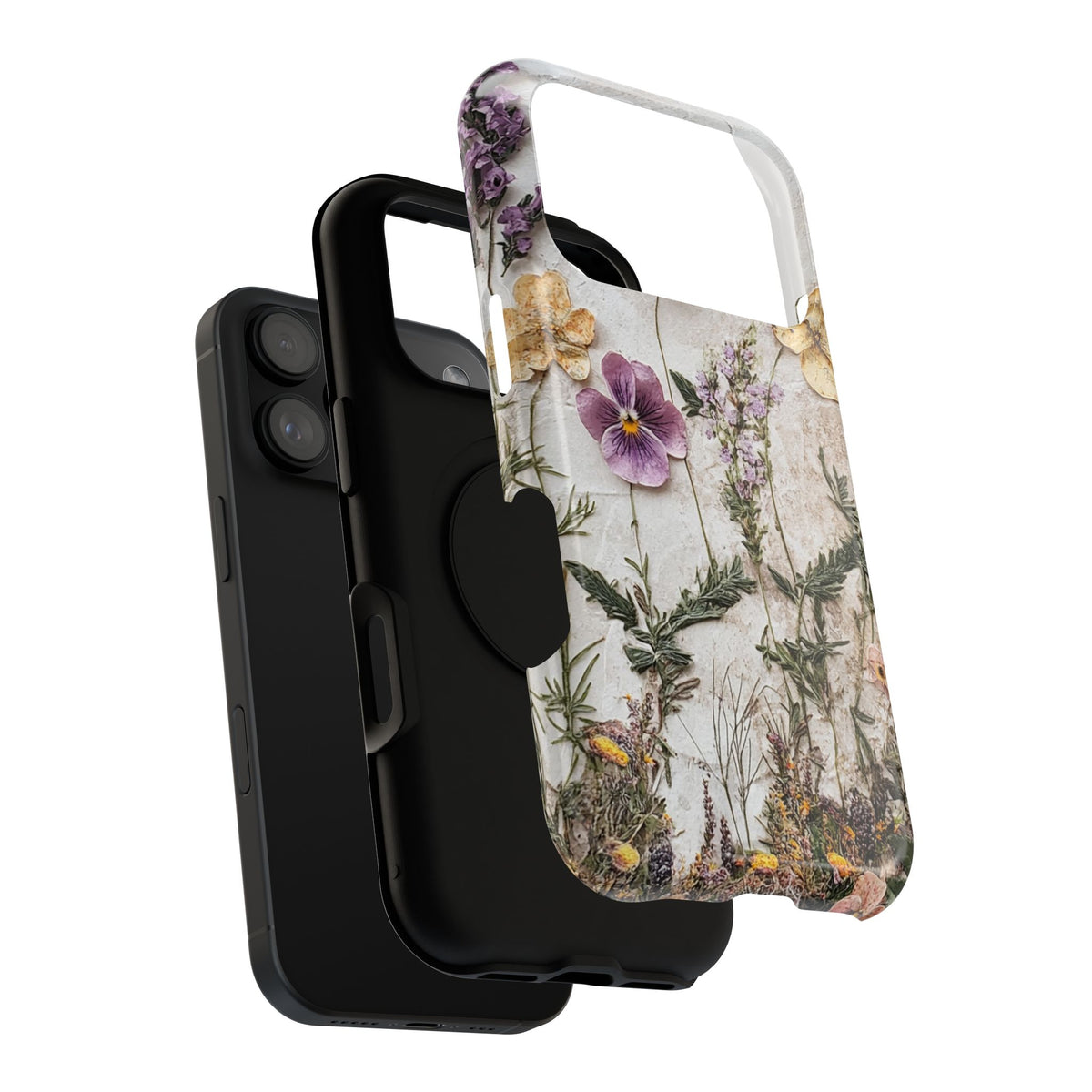 Pressed Flower protective phone case, close-up of the dual-layer construction