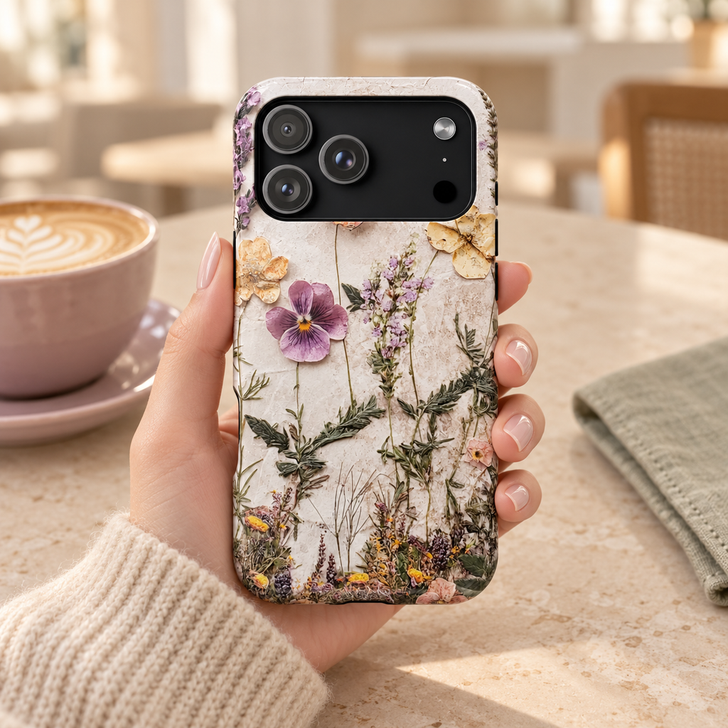Pressed Flower MagSafe case, pressed pansies and meadow flowers on stone, lifestyle photo in hand with coffee