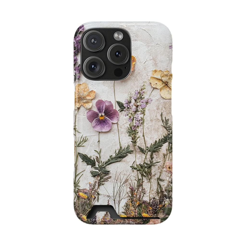 Pressed Flower phone case with card holder for iPhone 16 Pro, glossy finish