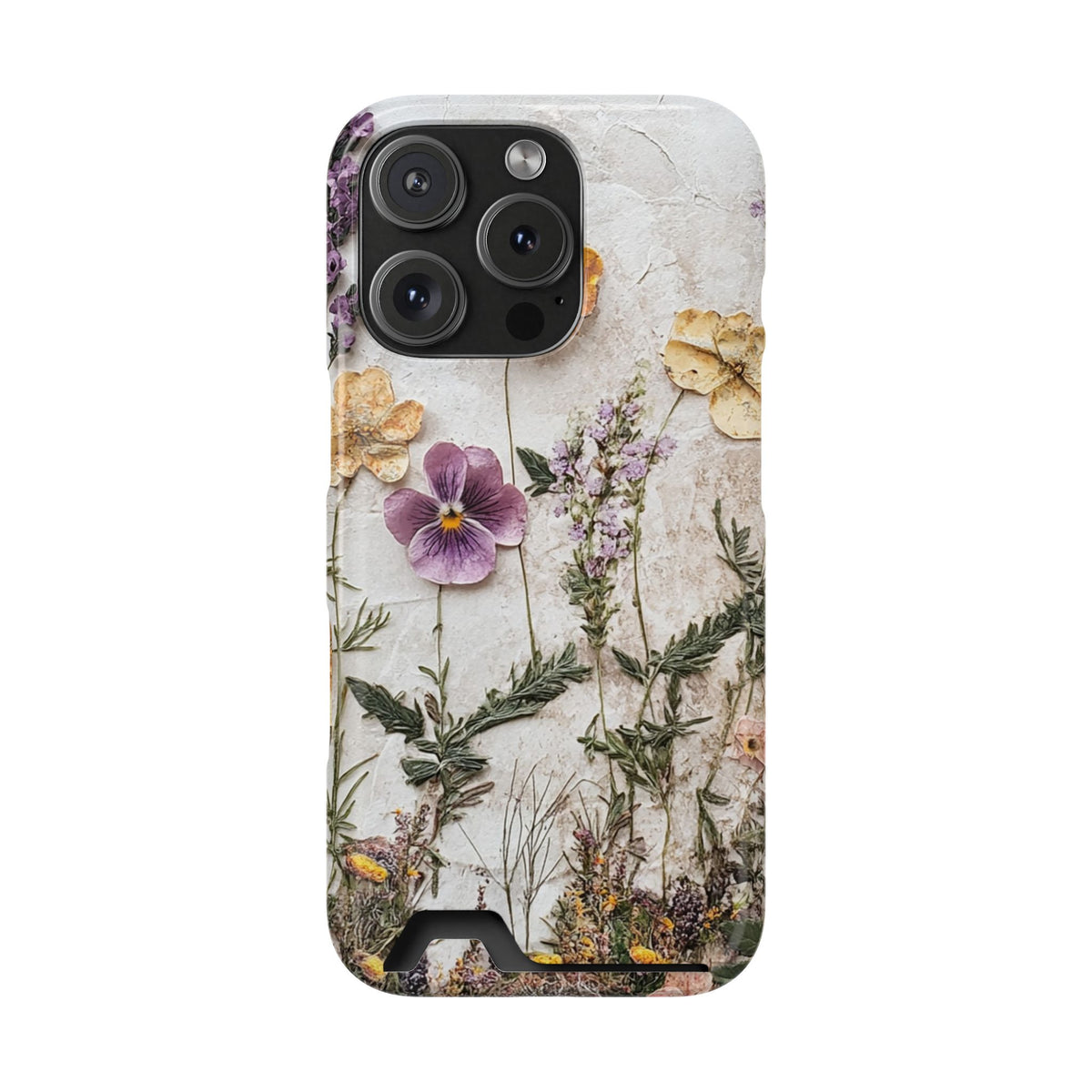Pressed Flower phone case with card holder for iPhone 16 Pro, glossy finish