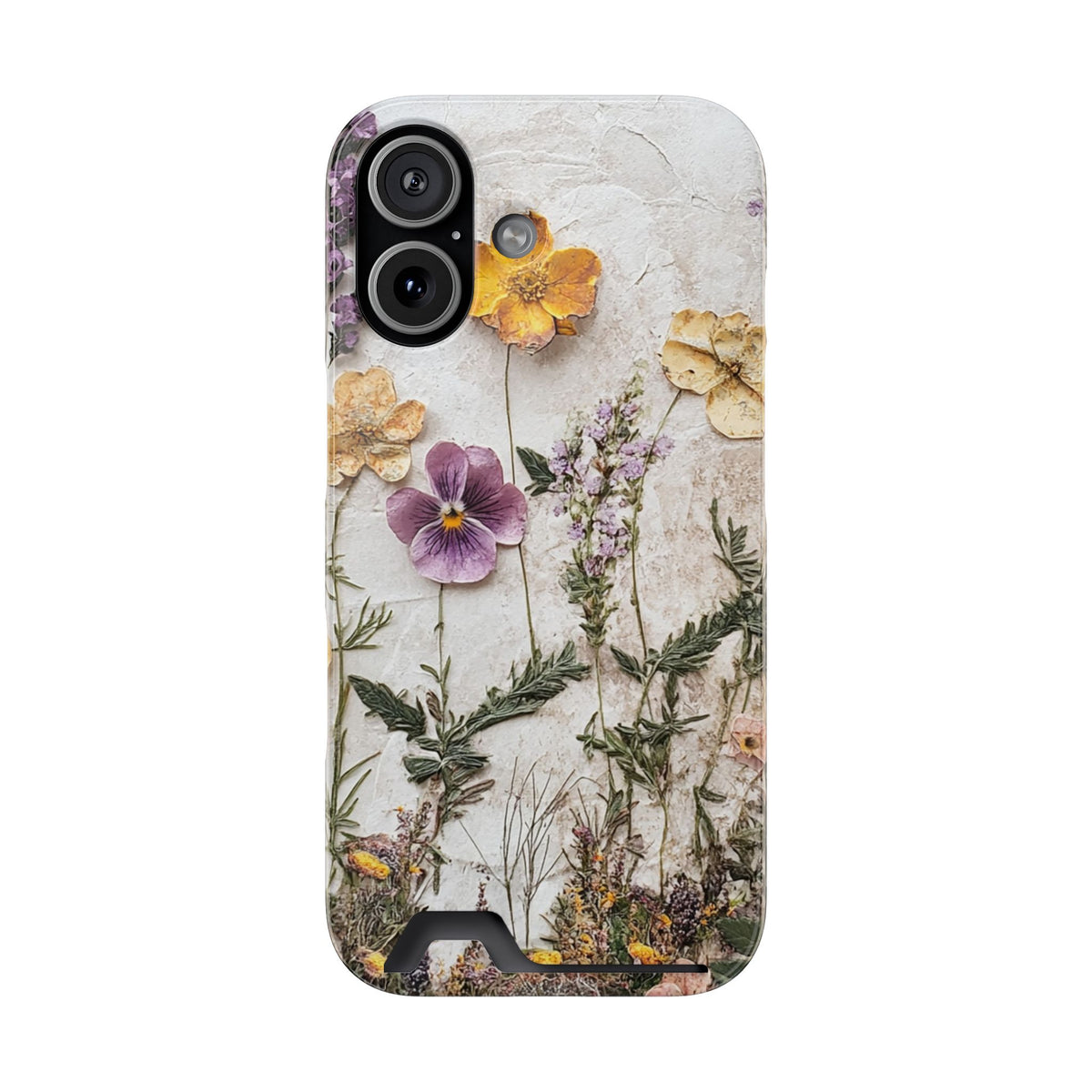 Pressed Flower phone case with card holder for iPhone 17, glossy finish
