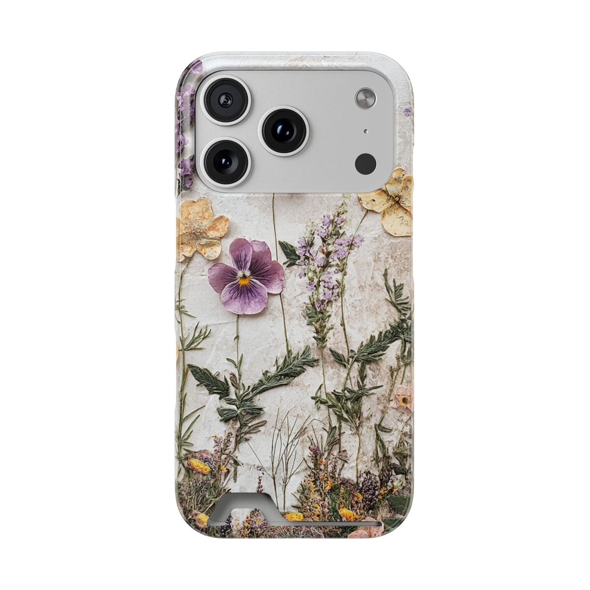 Pressed Flower phone case with card holder for iPhone 17 Pro, glossy finish
