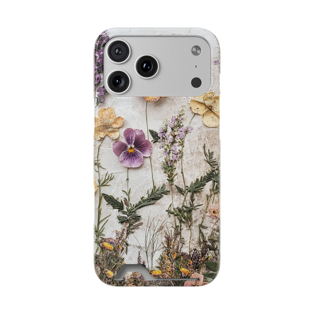 Pressed Flower phone case with card holder for iPhone 17 Pro Max, glossy finish