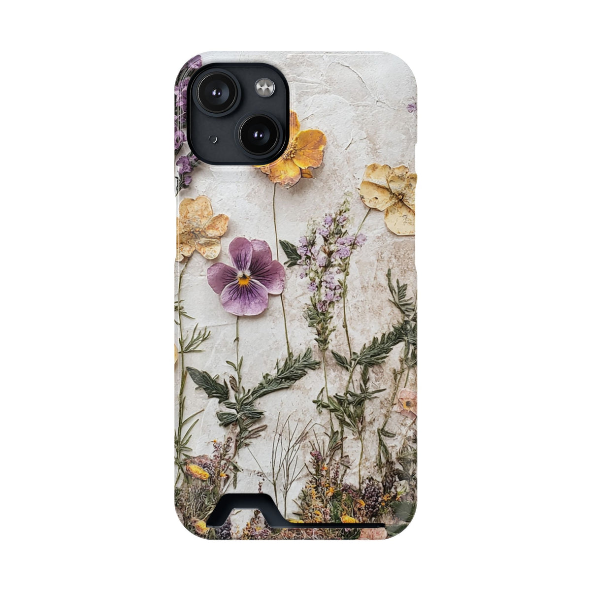 Pressed Flower phone case with card holder for iPhone 14, glossy finish