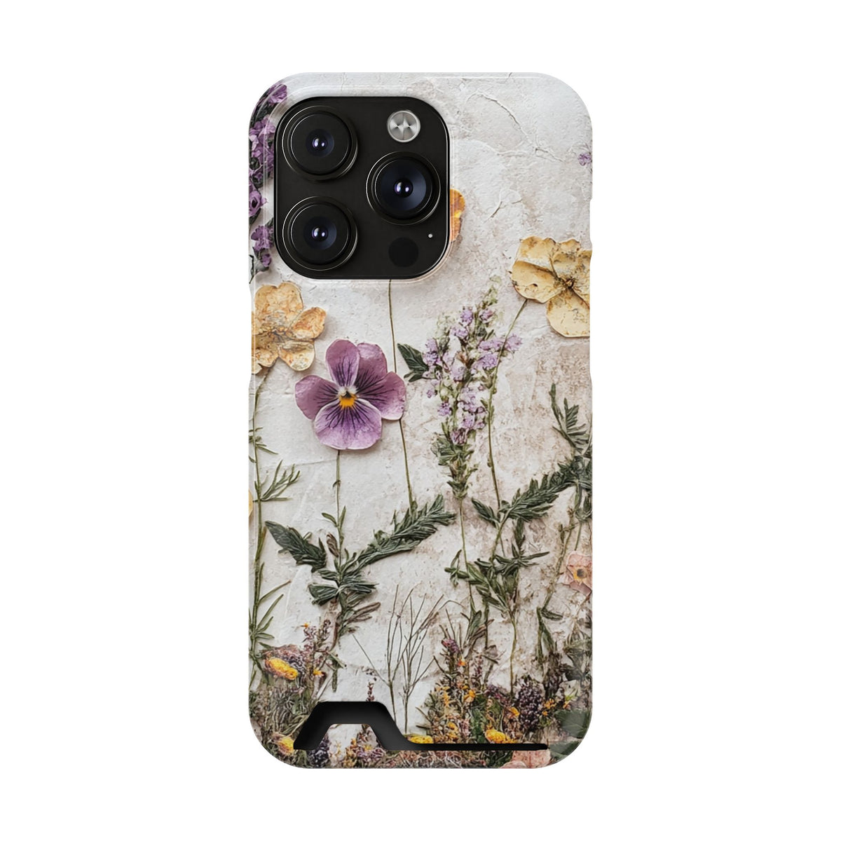 Pressed Flower phone case with card holder for iPhone 14 Pro, glossy finish