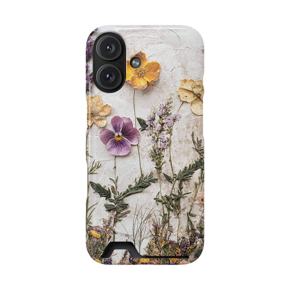 Pressed Flower phone case with card holder for iPhone 16, glossy finish