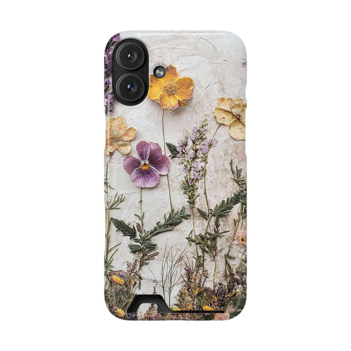 Pressed Flower phone case with card holder for iPhone 16 Plus, glossy finish
