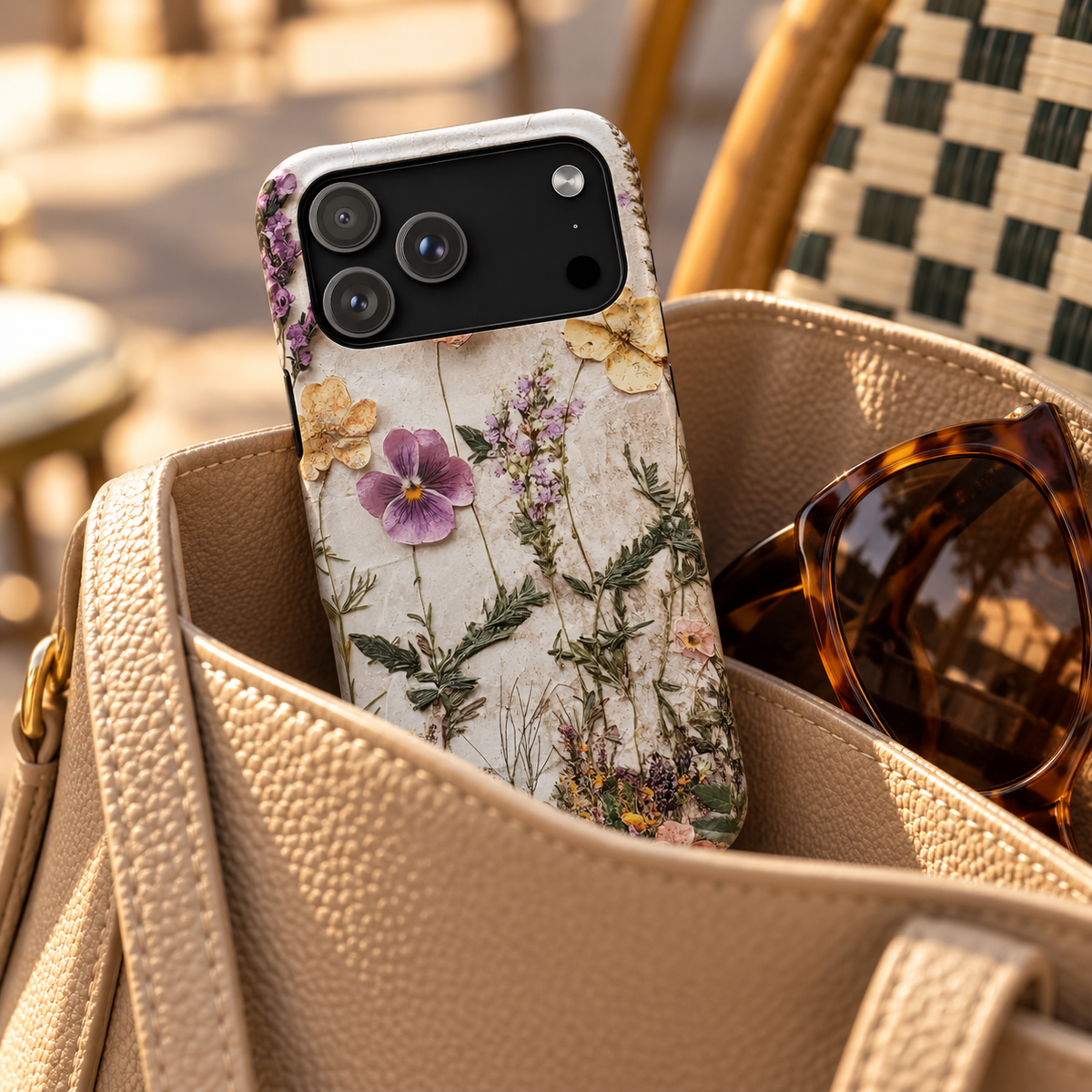 Pressed Flower phone case with card holder, pressed pansies and meadow flowers on stone, lifestyle photo in a handbag