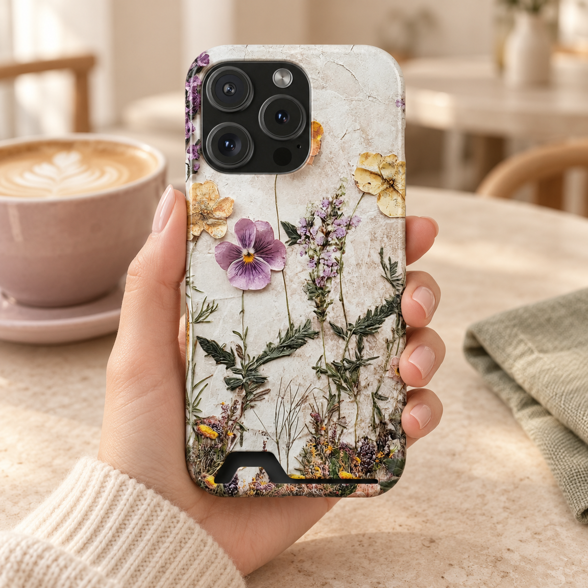 Pressed Flower phone case with card holder, pressed pansies and meadow flowers on stone, lifestyle photo in hand with coffee