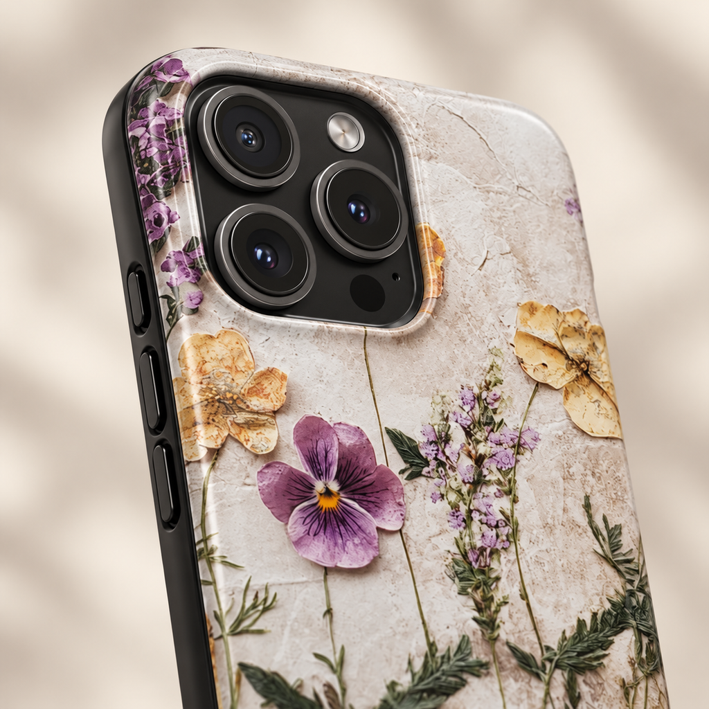 Pressed Flower phone case with card holder, pressed pansies and meadow flowers on stone, lifestyle close-up of the camera