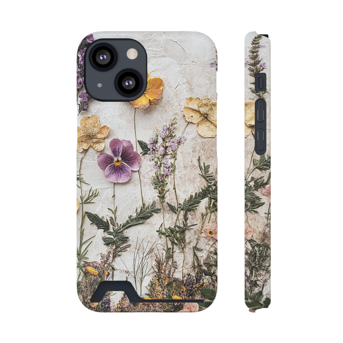 Pressed Flower phone case with card holder for iPhone 13 Mini, glossy finish