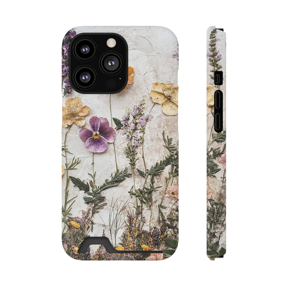 Pressed Flower phone case with card holder for iPhone 13 Pro, glossy finish