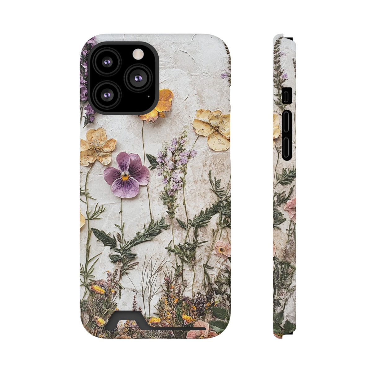 Pressed Flower phone case with card holder for iPhone 13 Pro Max, glossy finish