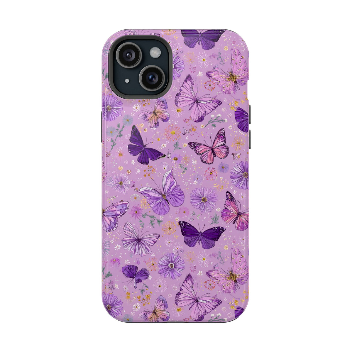 Purple Butterfly protective phone case for iPhone 15 Plus, glossy finish