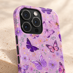 Purple Butterfly protective phone case, purple butterflies on lilac, lifestyle close-up of the camera