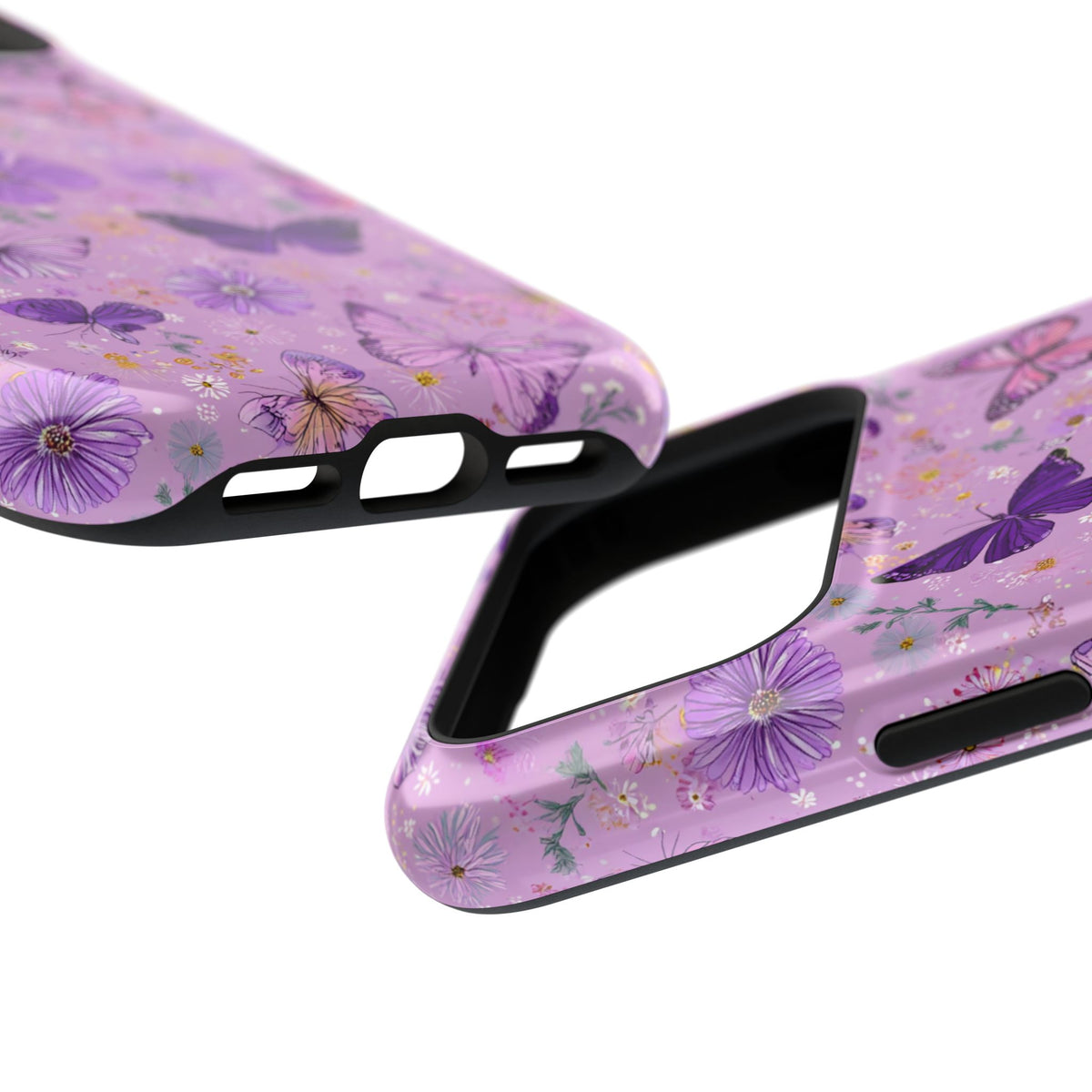Purple Butterfly protective phone case, close-up at an angle