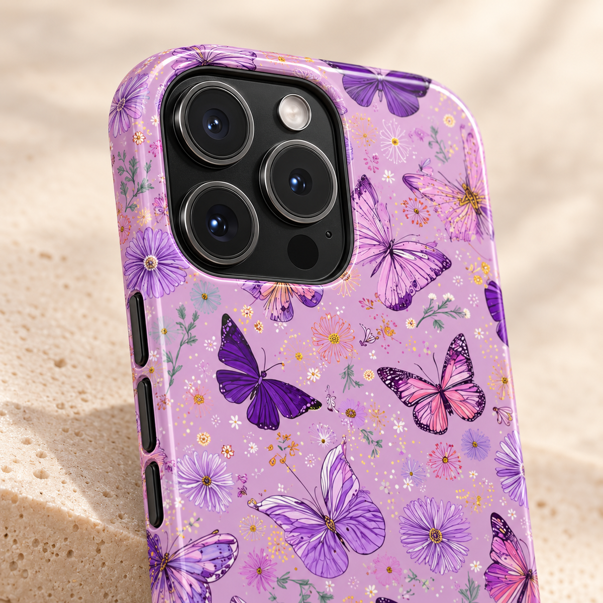 Purple Butterfly MagSafe case, purple butterflies on lilac, lifestyle close-up of the camera