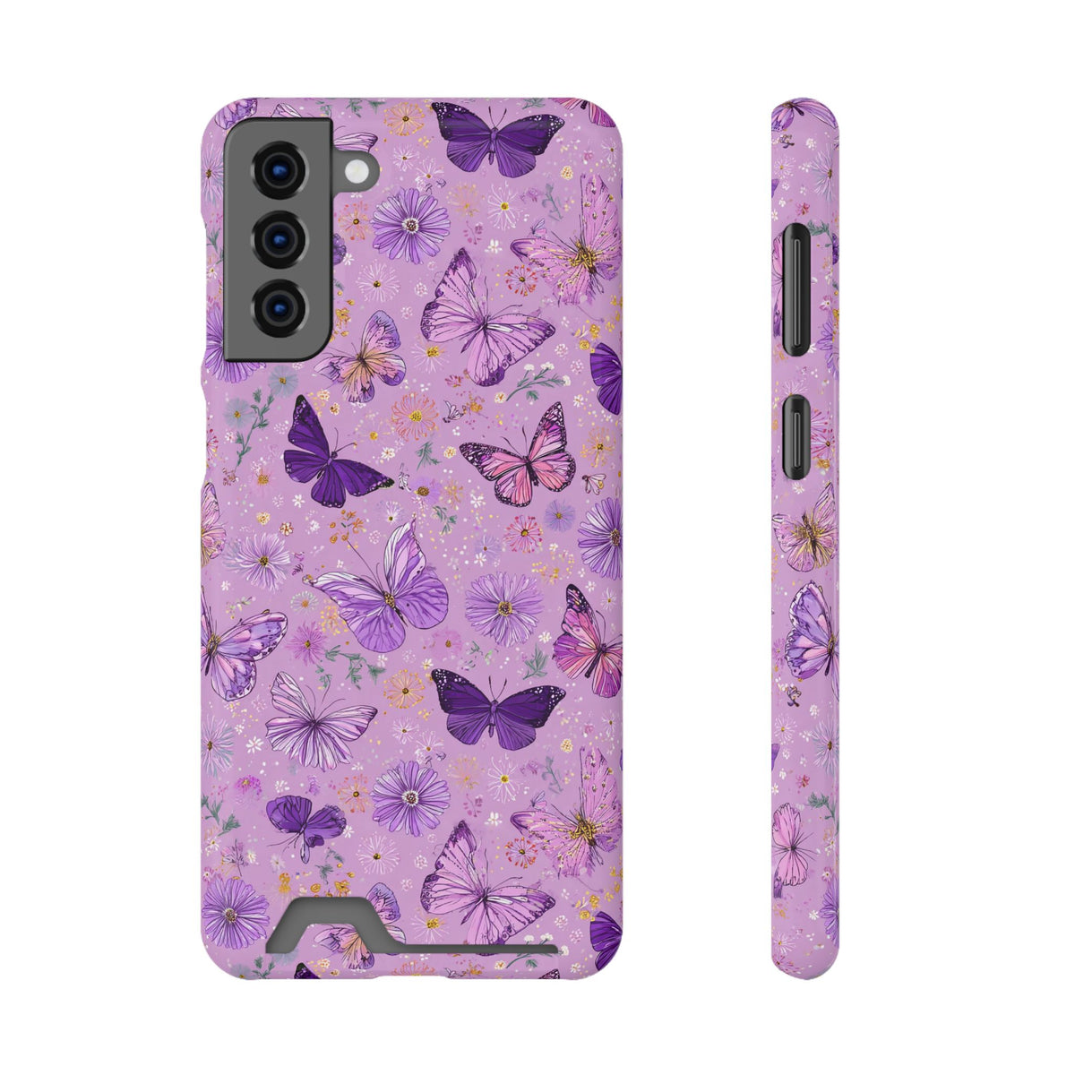 Purple Butterfly phone case with card holder for Samsung Galaxy S21 Plus, glossy finish