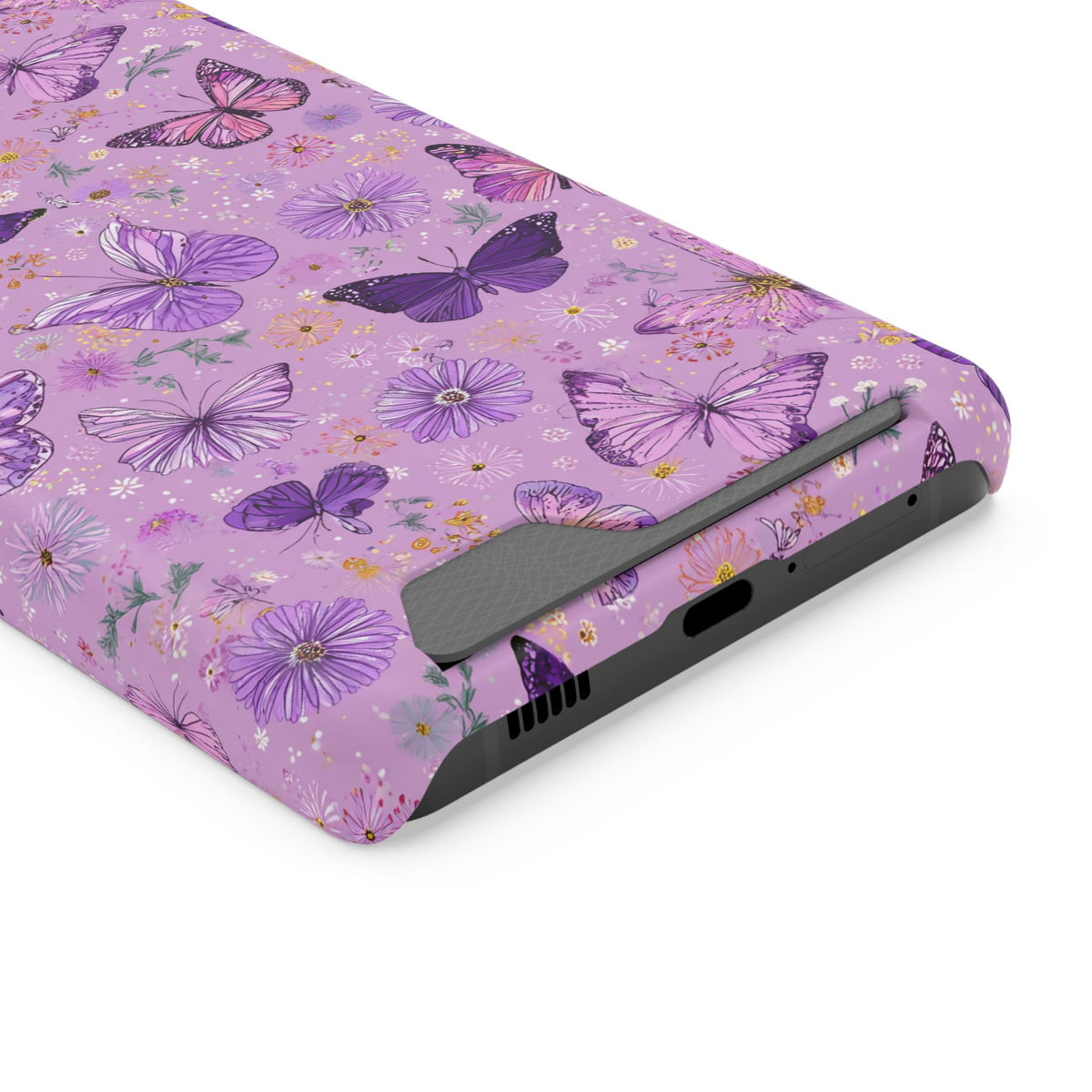 Purple Butterfly phone case with card holder for Samsung Galaxy S21 Ultra, glossy finish