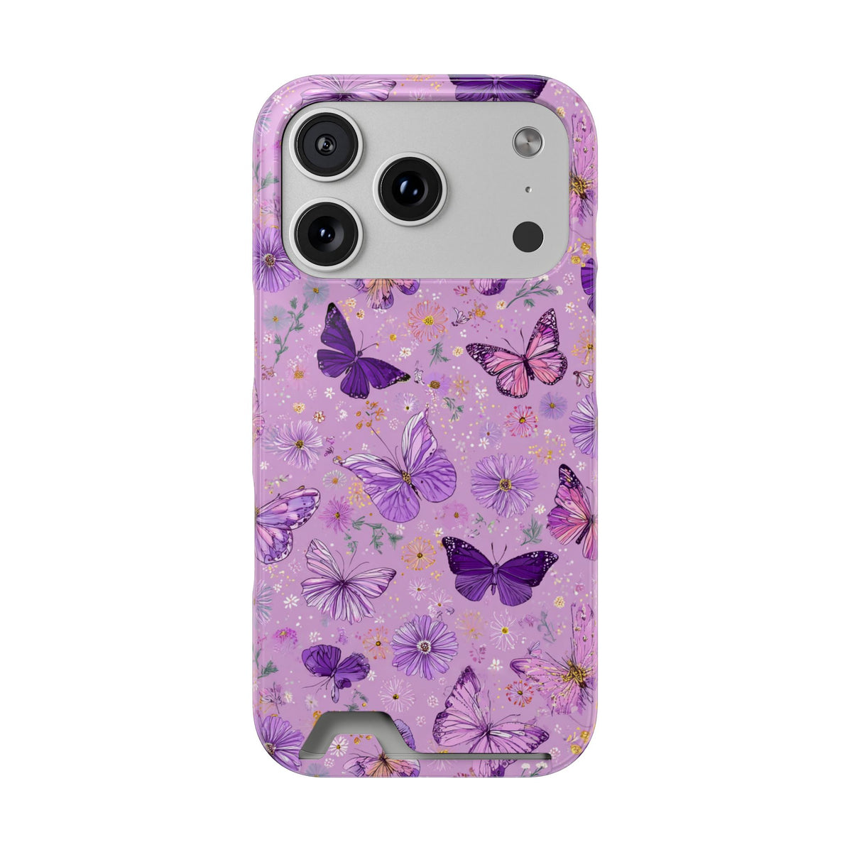 Purple Butterfly phone case with card holder for iPhone 17 Pro, glossy finish