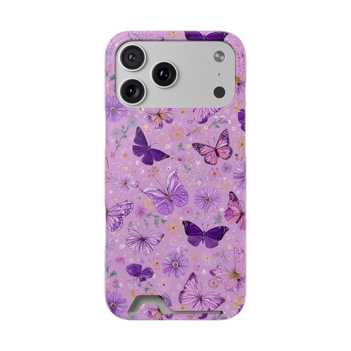 Purple Butterfly phone case with card holder for iPhone 17 Pro Max, glossy finish
