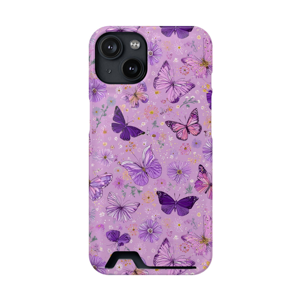 Purple Butterfly phone case with card holder for iPhone 14, glossy finish