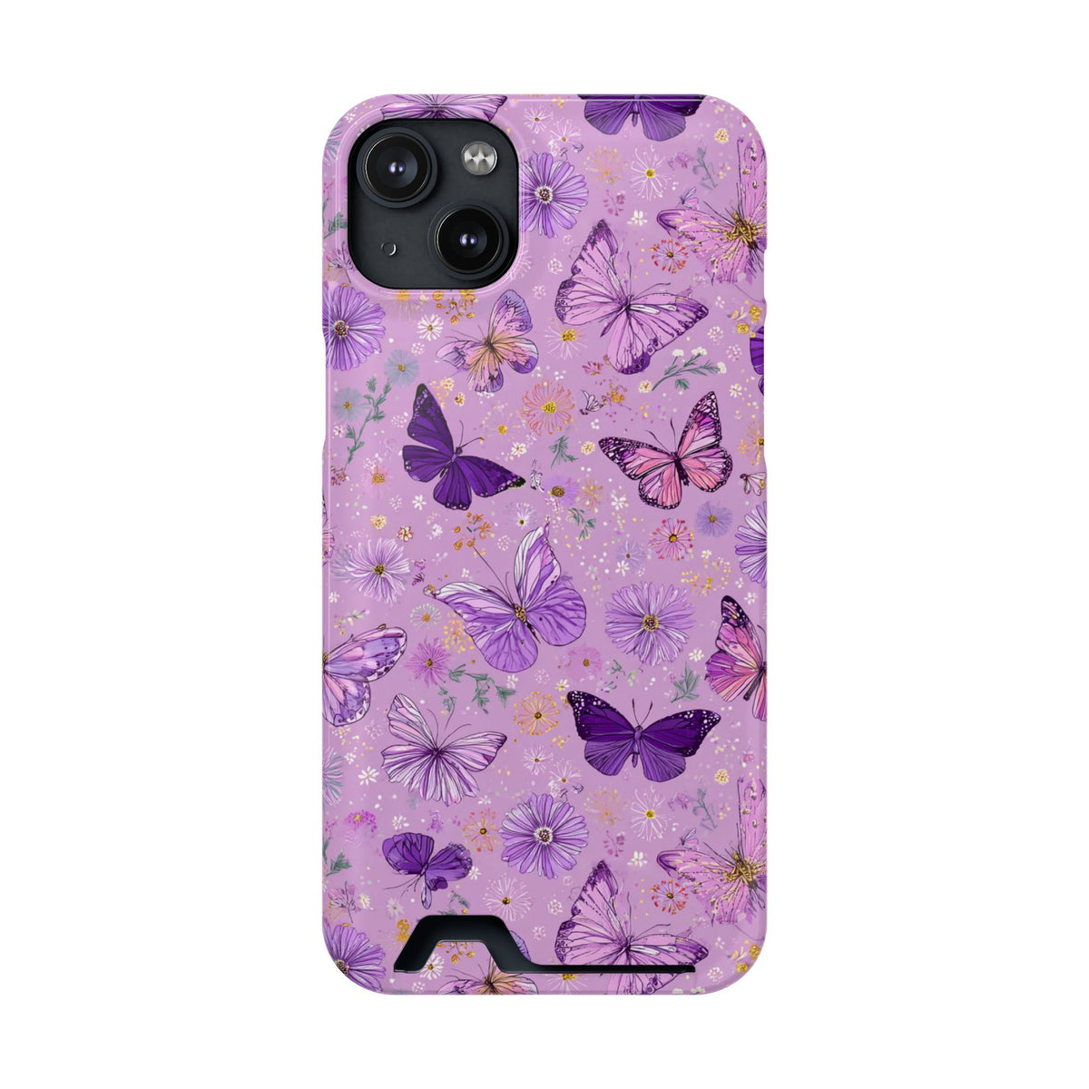 Purple Butterfly phone case with card holder for iPhone 14 Plus, glossy finish