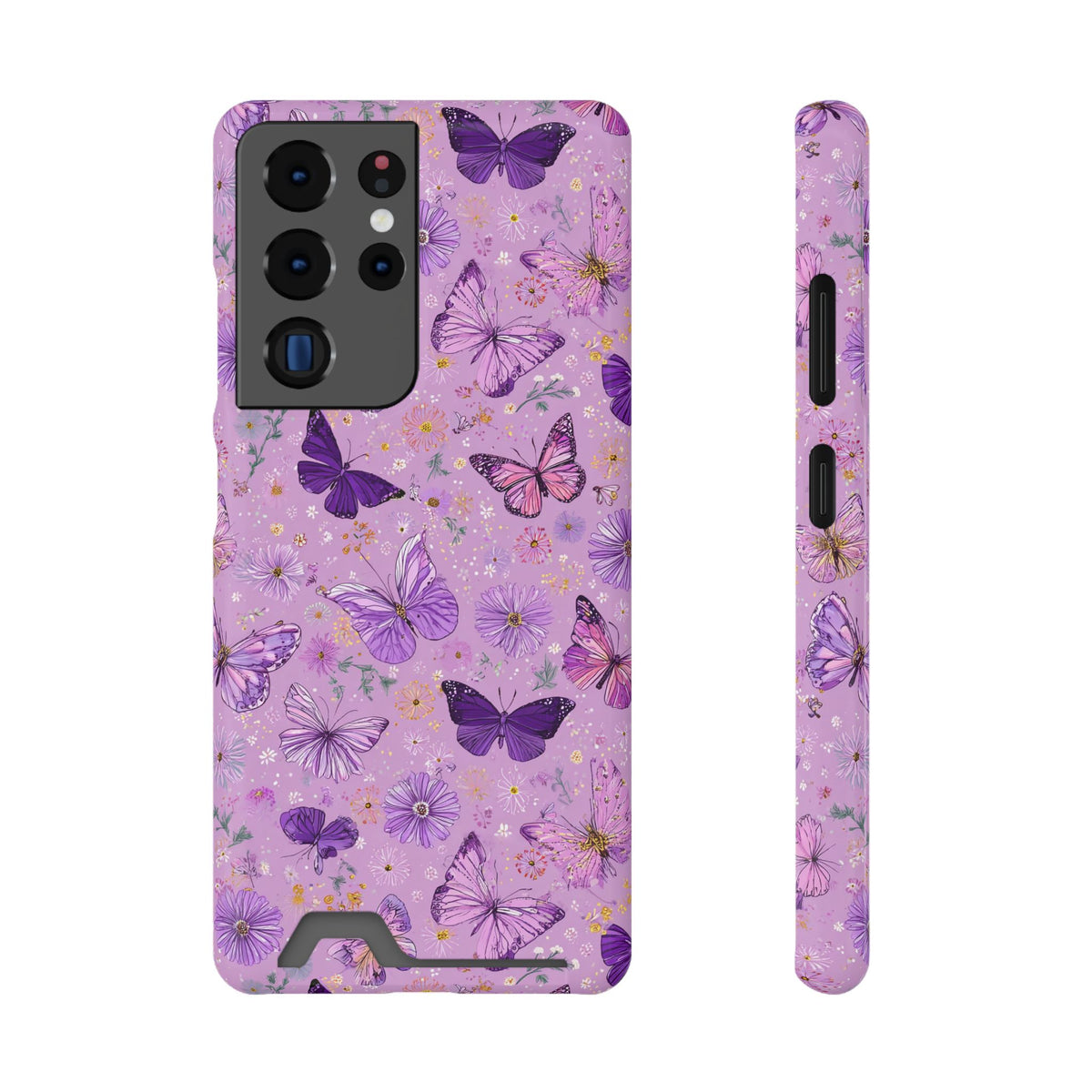 Purple Butterfly phone case with card holder for Samsung Galaxy S22 Plus, glossy finish