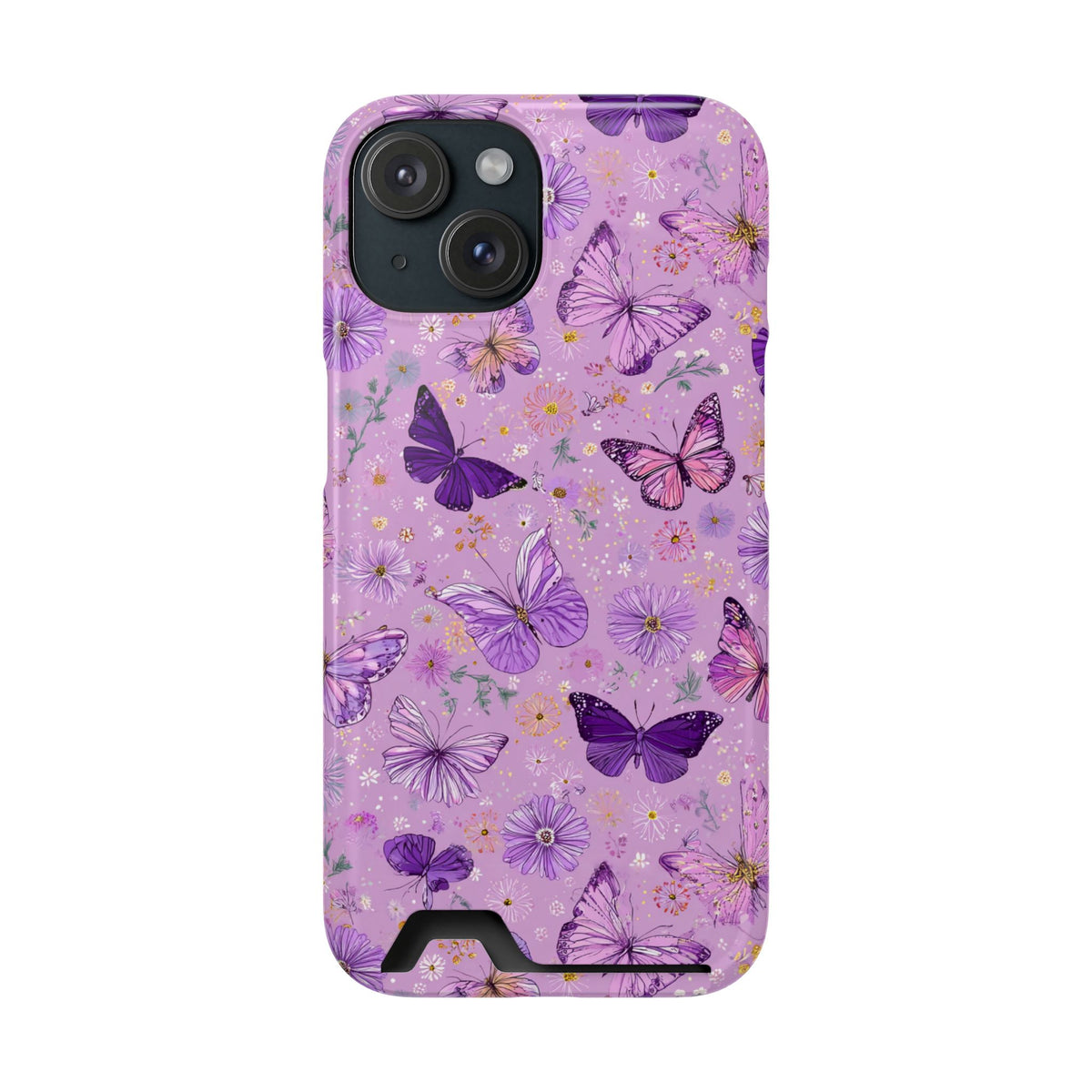 Purple Butterfly phone case with card holder for iPhone 15, glossy finish