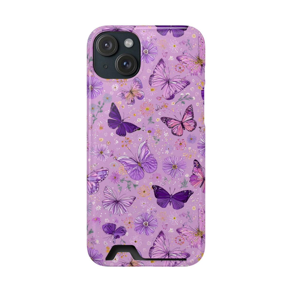 Purple Butterfly phone case with card holder for iPhone 15 Plus, glossy finish