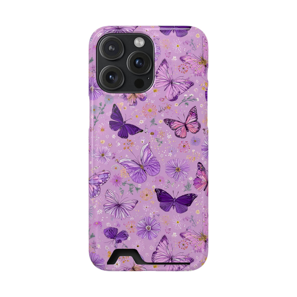 Purple Butterfly phone case with card holder for iPhone 15 Pro Max, glossy finish