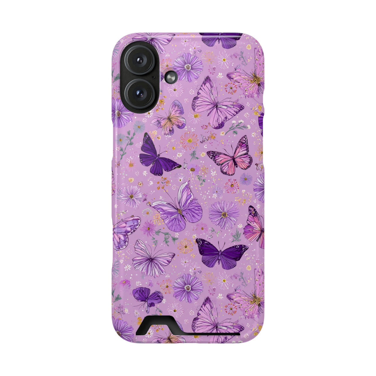 Purple Butterfly phone case with card holder for iPhone 16 Plus, glossy finish