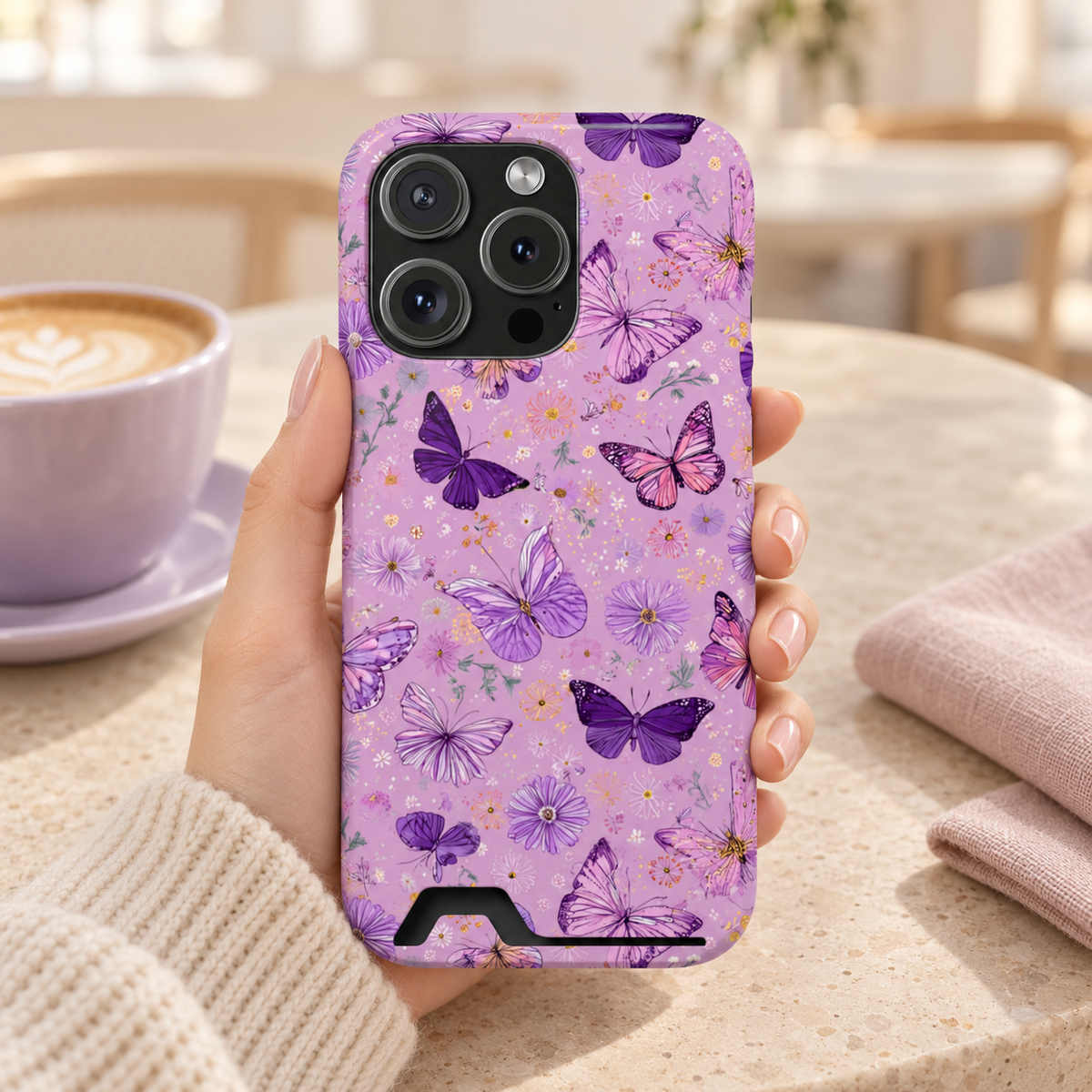 Purple Butterfly phone case with card holder, purple butterflies on lilac, lifestyle photo in hand with coffee