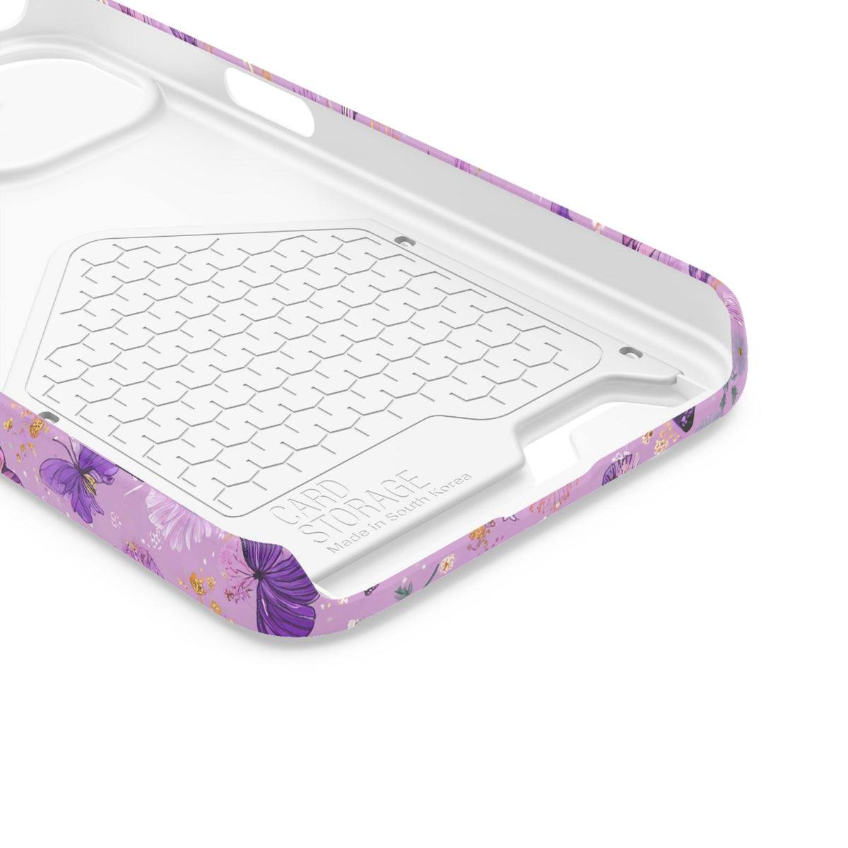 Purple Butterfly phone case with card holder for iPhone 13, glossy finish