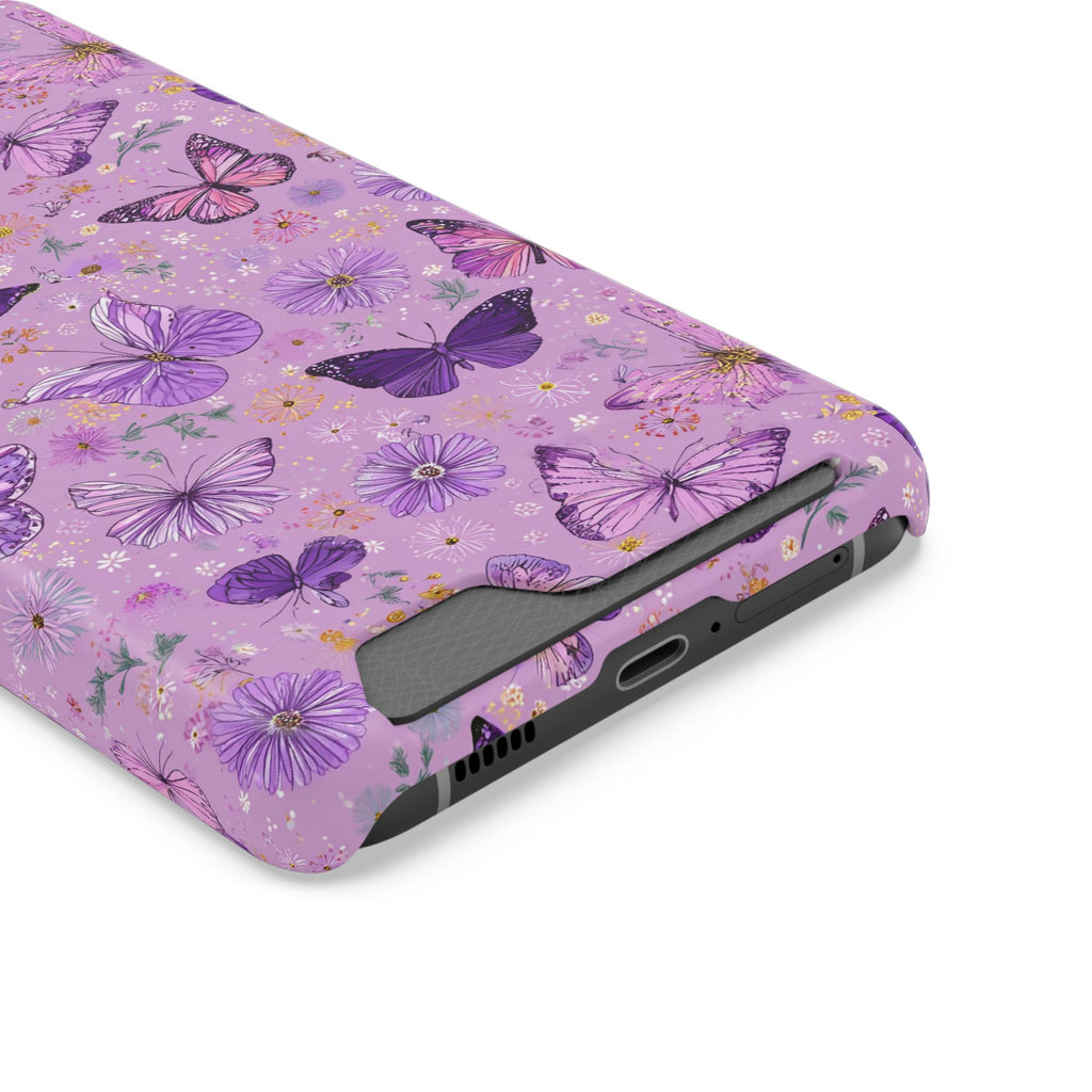 Purple Butterfly phone case with card holder, close-up of the card slot