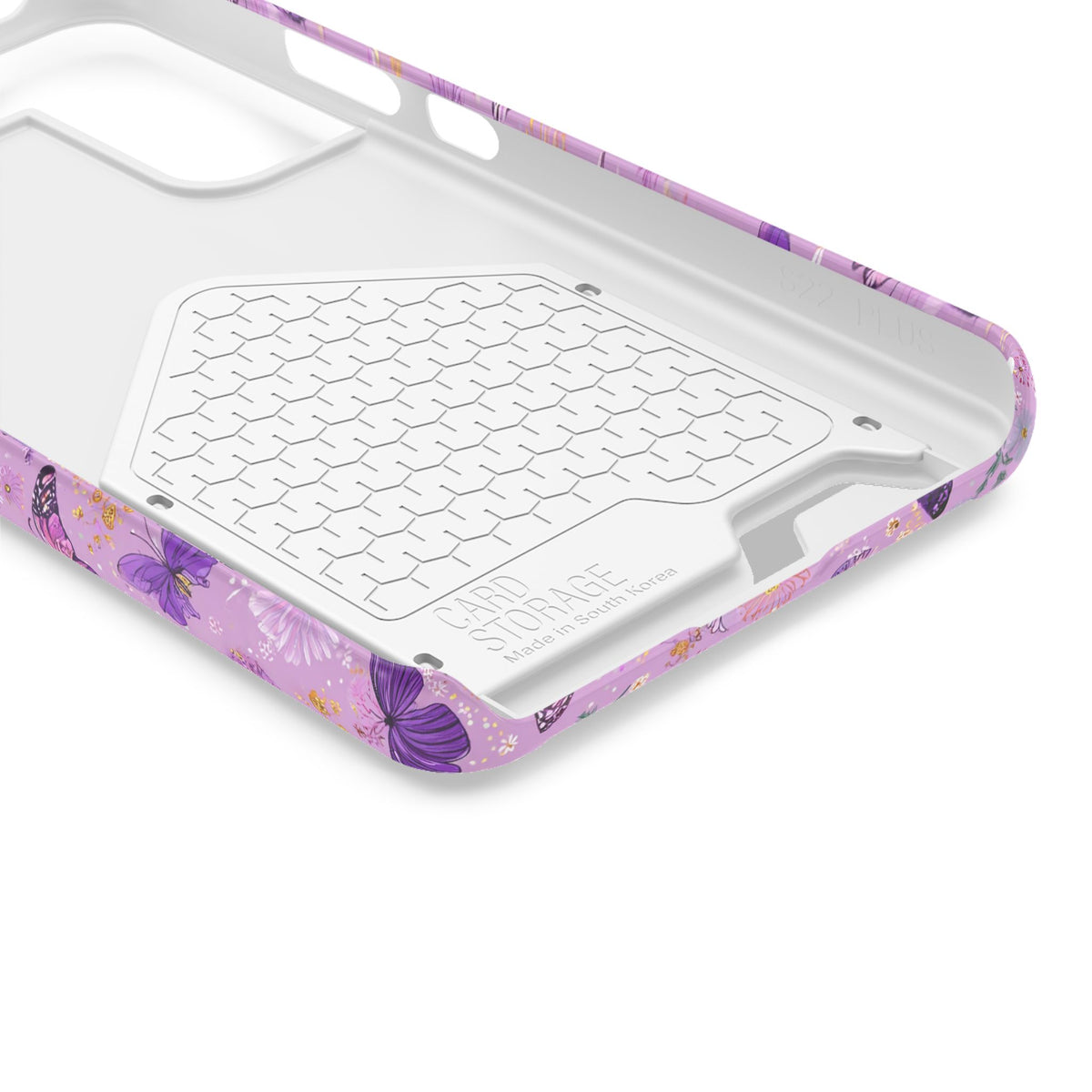 Purple Butterfly phone case with card holder, close-up of the inside