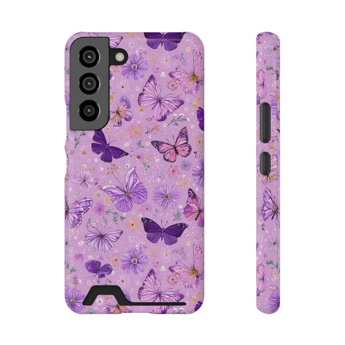 Purple Butterfly phone case with card holder for Samsung Galaxy S22, glossy finish
