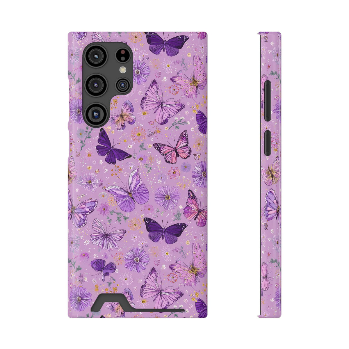 Purple Butterfly phone case with card holder for Samsung Galaxy S22 Ultra, glossy finish