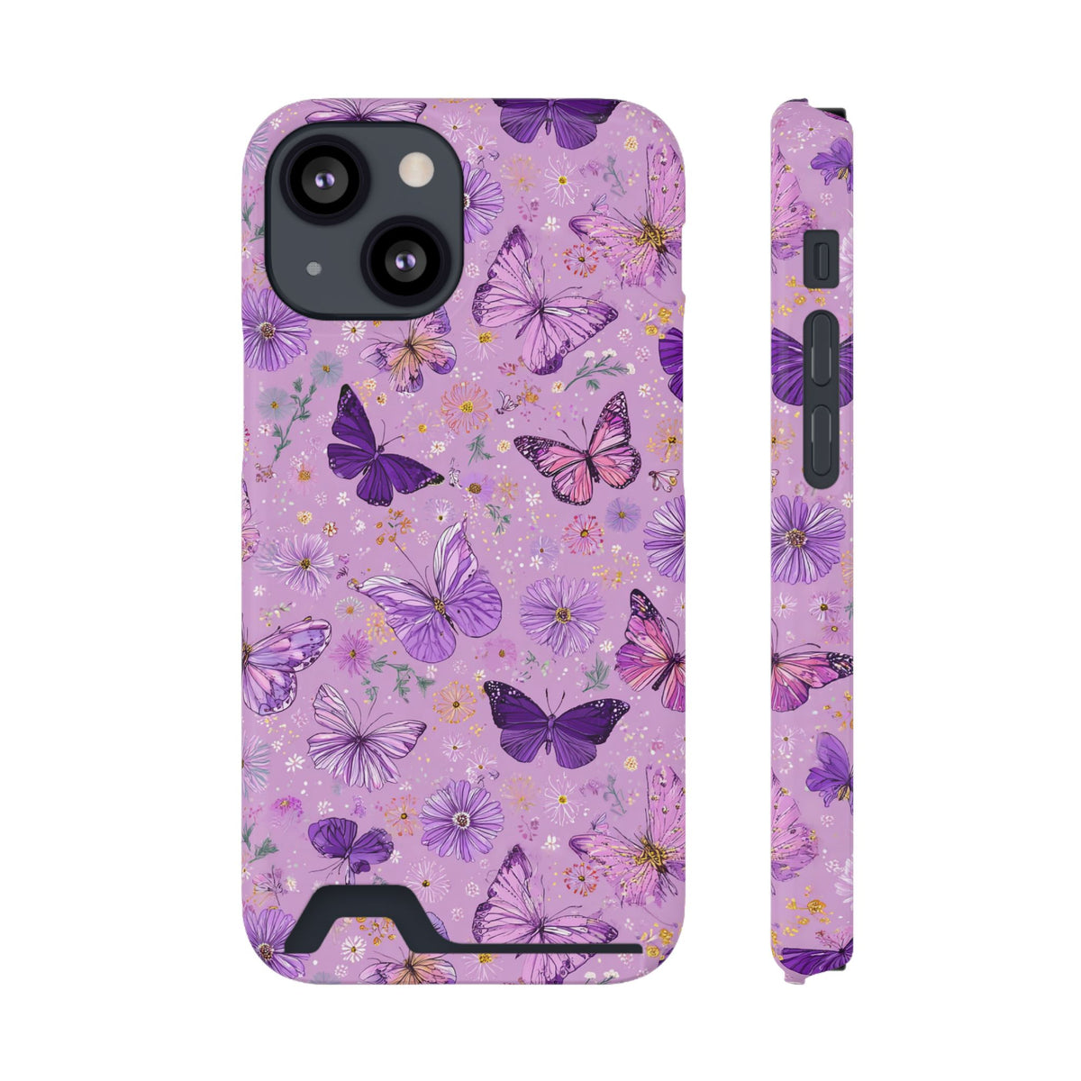 Purple Butterfly phone case with card holder for iPhone 13 Mini, glossy finish