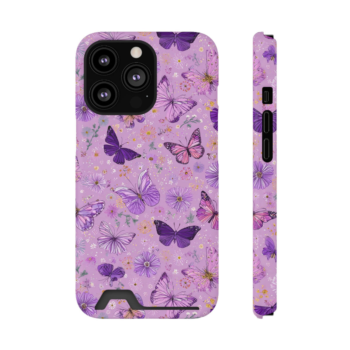 Purple Butterfly phone case with card holder for iPhone 13 Pro, glossy finish