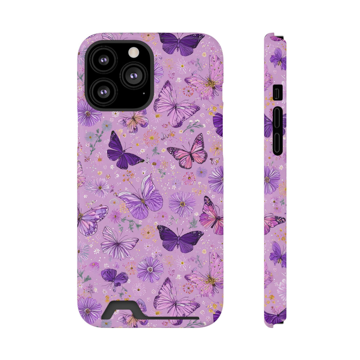 Purple Butterfly phone case with card holder for iPhone 13 Pro Max, glossy finish