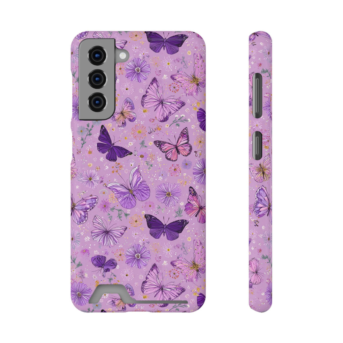 Purple Butterfly phone case with card holder for Samsung Galaxy S21, glossy finish