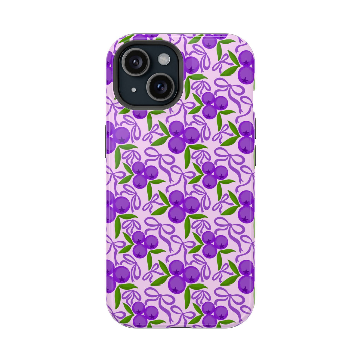 Purple Cherry Bow protective phone case for iPhone 15, glossy finish