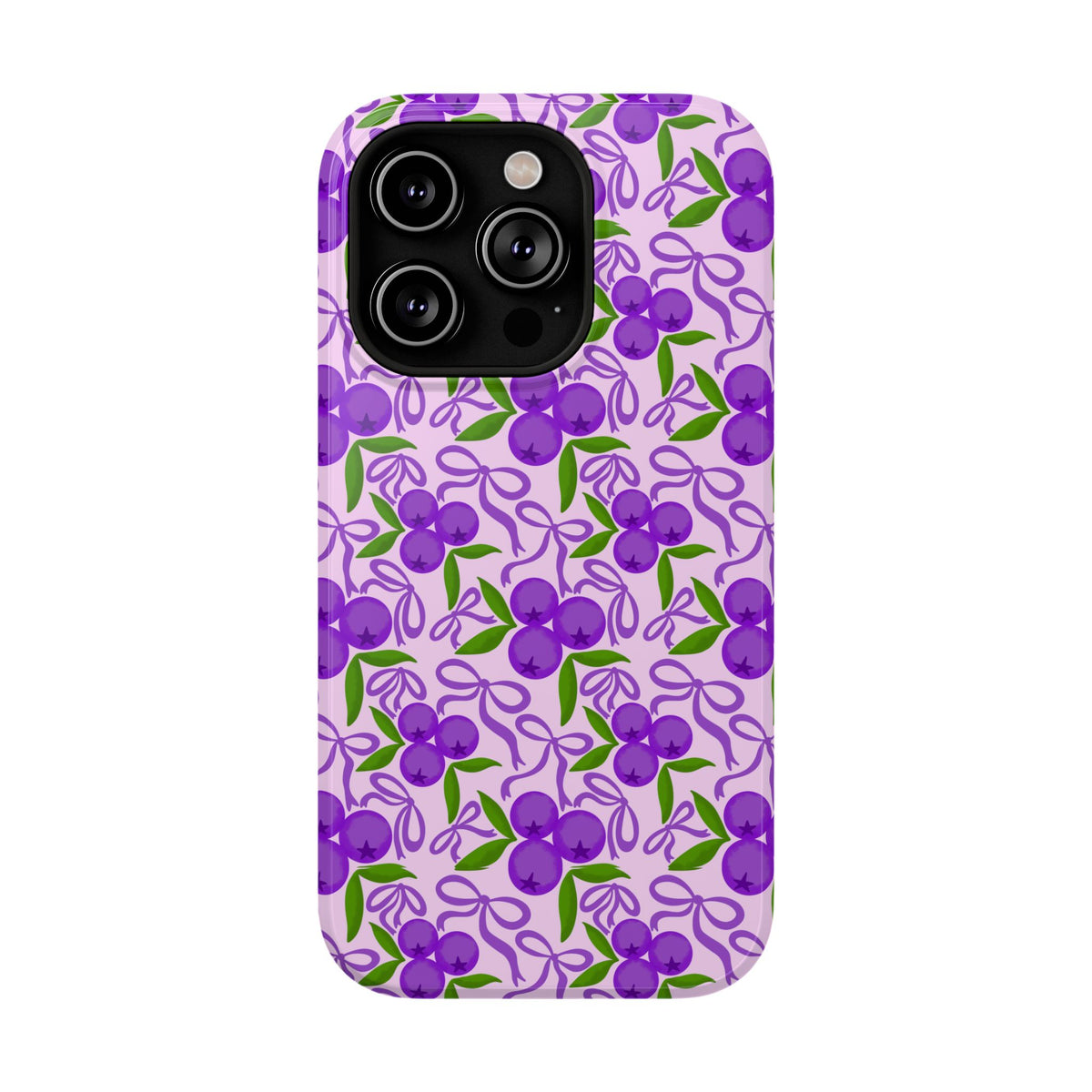 Purple Cherry Bow protective phone case for iPhone 14 Pro, glossy finish