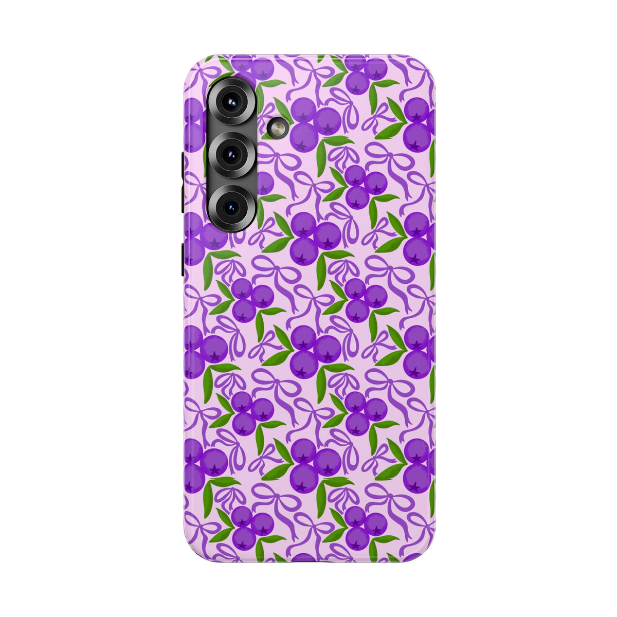 Purple Cherry Bow protective phone case for Samsung Galaxy S25 Plus, glossy finish
